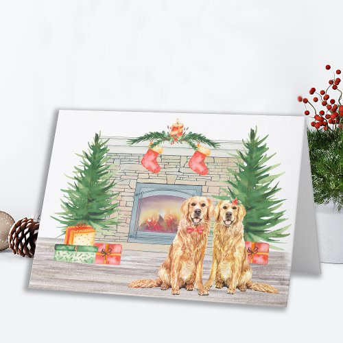 Golden Retriever Cute Dog Christmas Fireplace Holiday Card