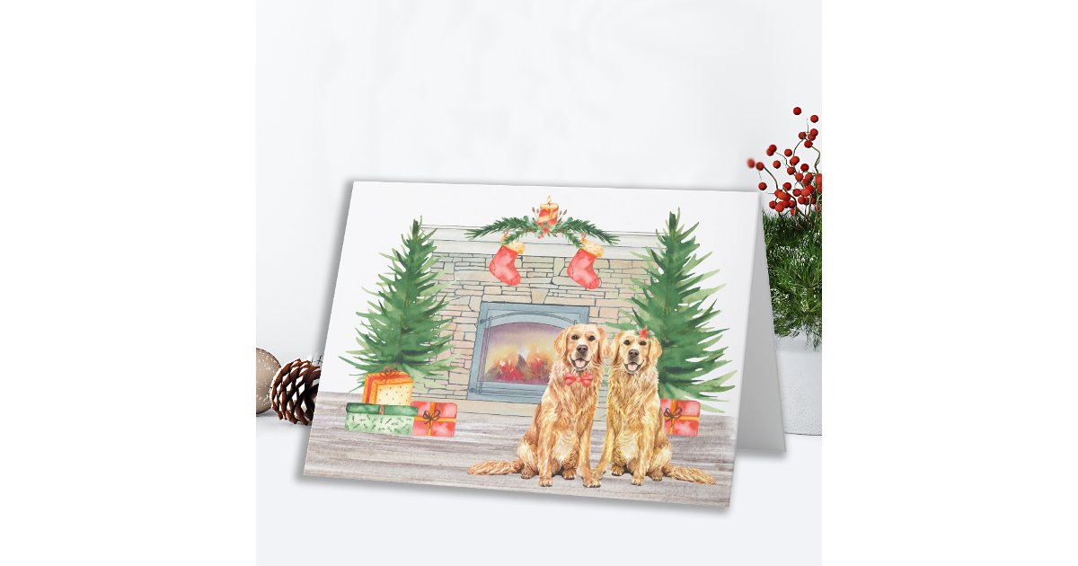 Golden Retriever Cute Dog Christmas Fireplace Holiday Card | Zazzle