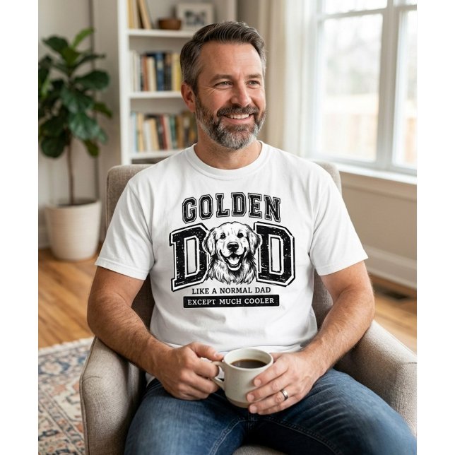 Golden Retriever Dad   T-Shirt (Man in white Golden Dad shirt holding mug; personalized Golden Retriever Father's Day gift mockup.)
