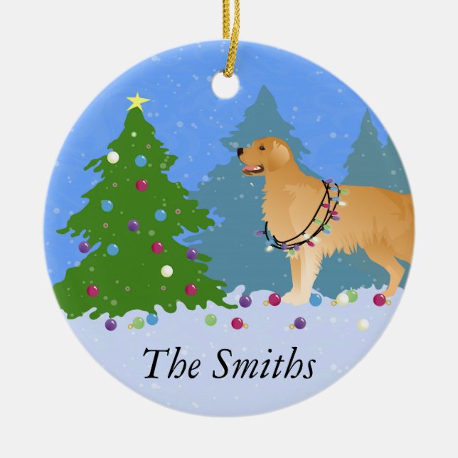 Golden Retriever Decorating Christmas Tree Ceramic Ornament (Front)