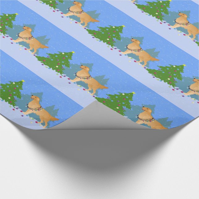 Golden Retriever Decorating Christmas Tree Wrapping Paper (Corner)