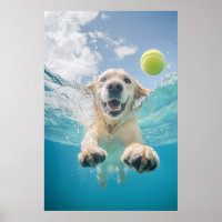 Golden Retriever Diving Tennis Ball Underwater