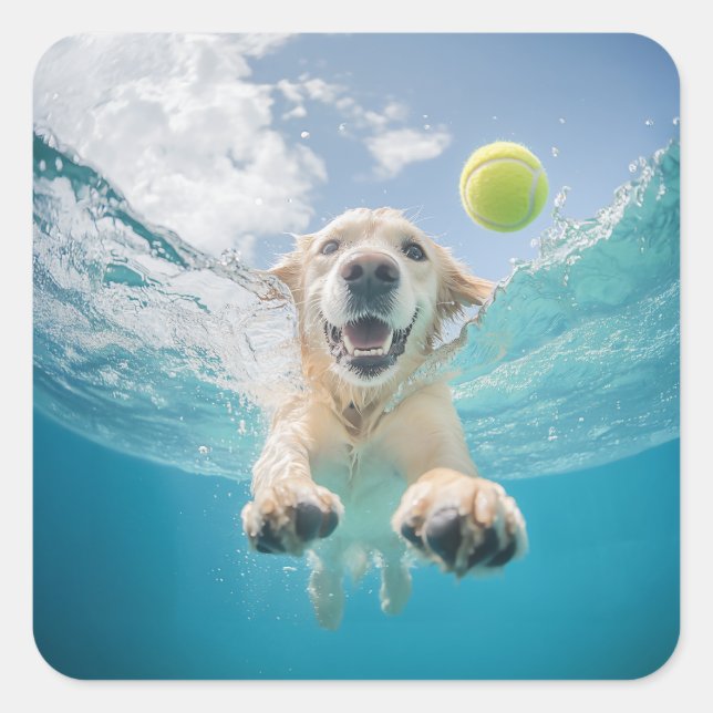 Golden Retriever Diving Tennis Ball Underwater Square Sticker (Front)