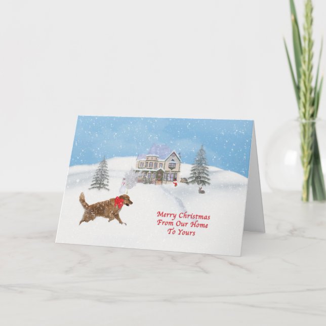 Golden Retriever Dog and Christmas Snow Holiday Card (Front)