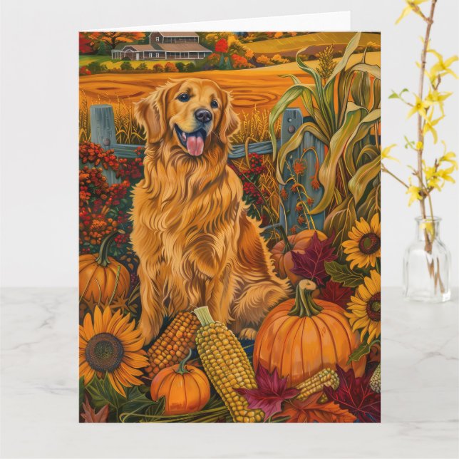 Golden Retriever Dog Autumn Harvest Thanksgiving Card (Yellow Flower)