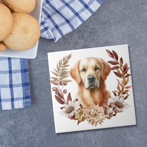 Golden Retriever Dog Autumn Wreath Ceramic Tile