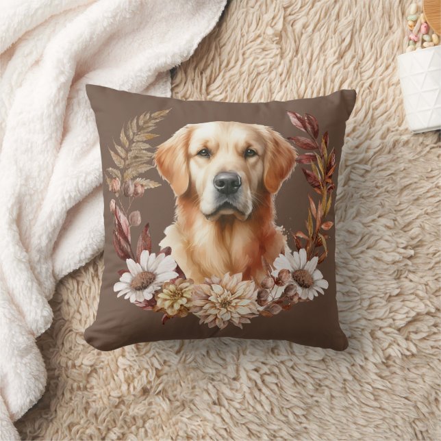 Golden Retriever Dog Autumn Wreath Throw Pillow (Blanket)