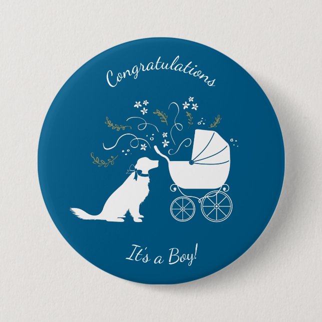 Golden Retriever Dog Baby Shower Blue Boy Button (Front)