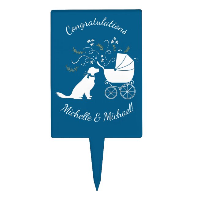 Golden Retriever Dog Baby Shower Blue Boy Cake Topper (Front)
