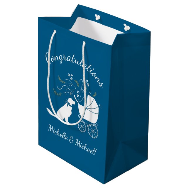 Golden Retriever Dog Baby Shower Blue Boy Medium Gift Bag (Back Angled)