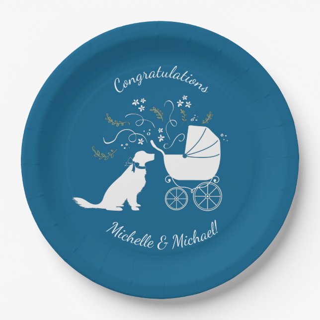 Golden Retriever Dog Baby Shower Blue Boy Paper Plates (Front)