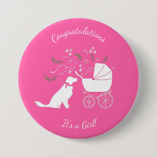Golden Retriever Dog Baby Shower Pink Girl Button