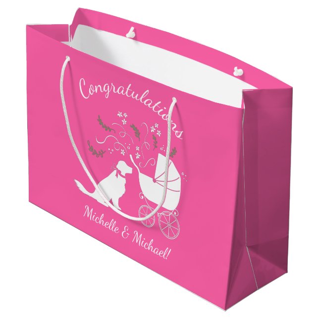 Golden Retriever Dog Baby Shower Pink Girl Large Gift Bag (Back Angled)