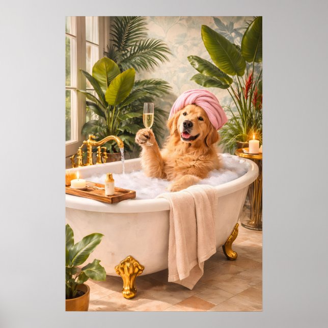 Golden Retriever Dog Bath Poster, Funny Animal Spa Poster (Front)