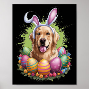 Golden Retriever Dog Bunny Ears Easter Eggs Spring Poster