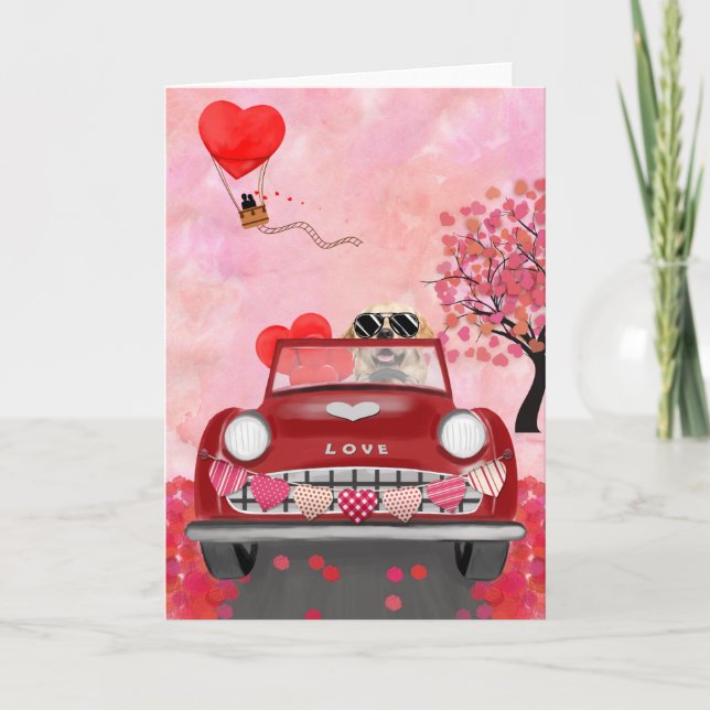 Golden Retriever Dog Car with Hearts Valentine's   Card (Front)