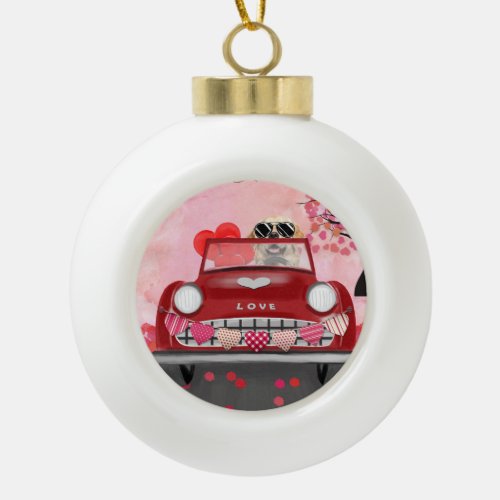Golden Retriever Dog Car with Hearts Valentines   Ceramic Ball Christmas Ornament
