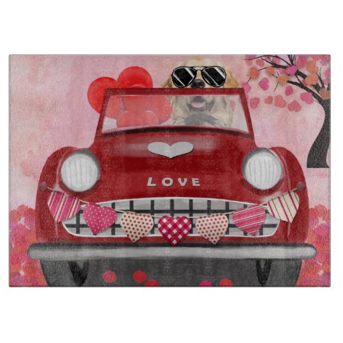 Golden Retriever Dog Car with Hearts Valentines   Cutting Board