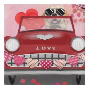 Golden Retriever Dog Car with Hearts Valentine's Faux Canvas Print
