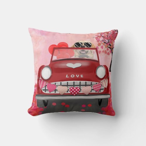 Golden Retriever Dog Car with Hearts Valentines  Throw Pillow