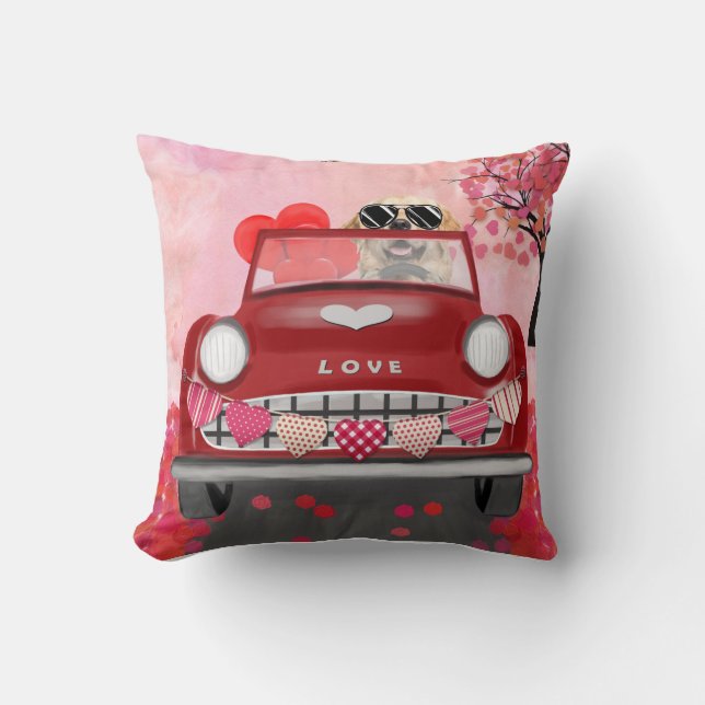 Golden Retriever Dog Car with Hearts Valentine's  Throw Pillow (Front)