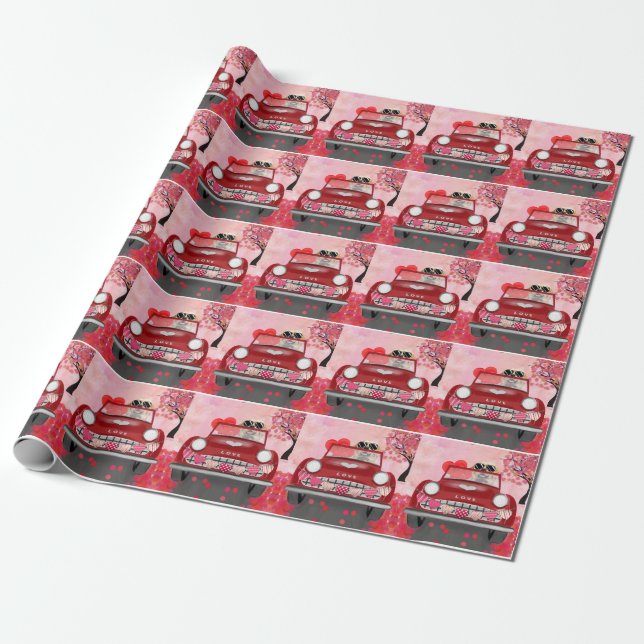 Golden Retriever Dog Car with Hearts Valentine's  Wrapping Paper (Unrolled)