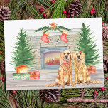 Golden Retriever Dog Christmas Fireplace Holiday Card<br><div class="desc">Send christmas greetings this holiday season with this golden retriever dogs in a watercolor design. This golden retriever holiday card features two labrador pups, a fireplace scene with holiday trees, stockings and presents. Personalize with family name. This golden retriever christmas card will be a favorite among golden retriever lovers, dog...</div>