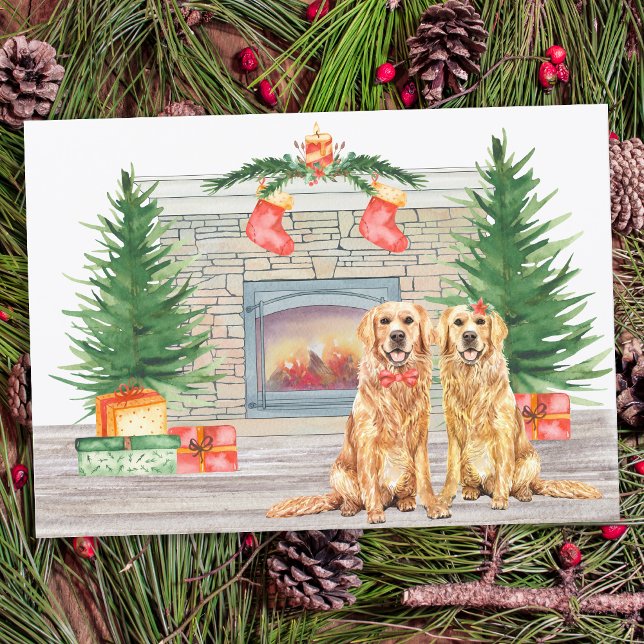 Golden Retriever Dog Christmas Fireplace Holiday Card (Creator Uploaded)