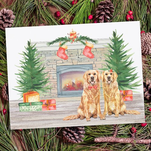 Golden Retriever Dog Christmas Fireplace Holiday Postcard