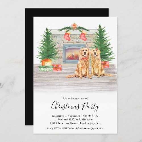 Golden Retriever Dog Christmas Fireplace Party Invitation