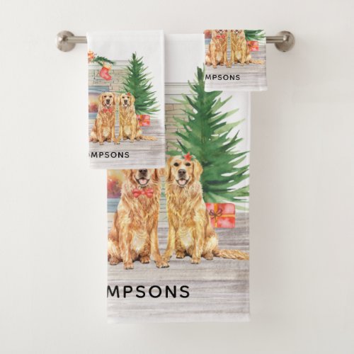 Golden Retriever Dog Christmas Fireplace Scene Bath Towel Set