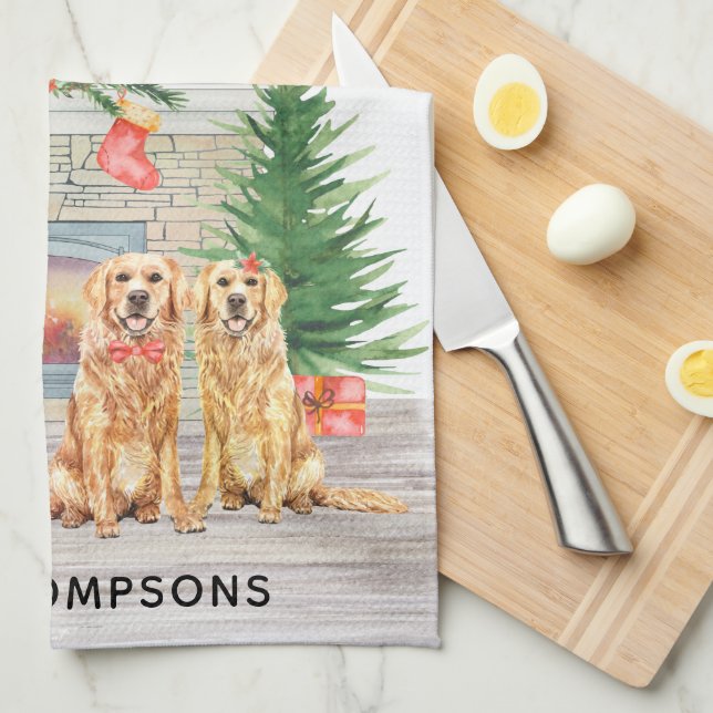 Golden Retriever Dog Christmas Fireplace Scene Kitchen Towel (Quarter Fold)