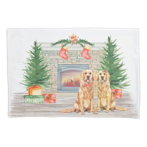 Golden Retriever Dog Christmas Fireplace Scene  Pillow Case