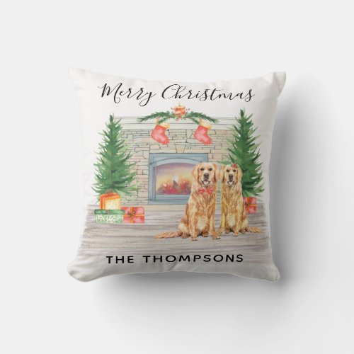 Golden Retriever Dog Christmas Fireplace Scene Throw Pillow