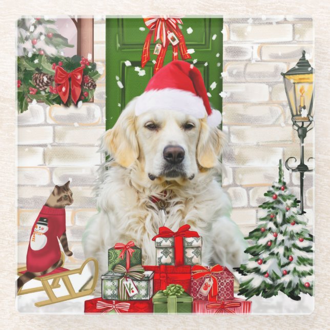 Golden Retriever Dog Christmas  Glass Coaster (Front)
