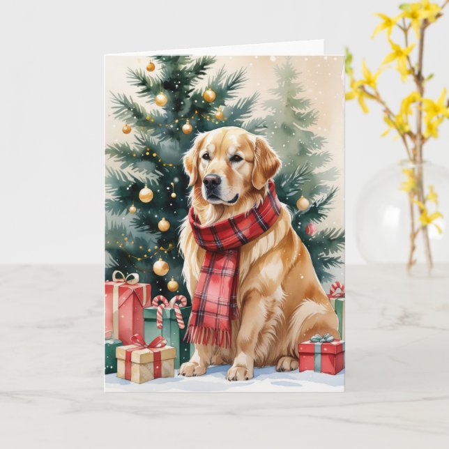 Golden Retriever Dog Christmas Greeting Card (Yellow Flower)