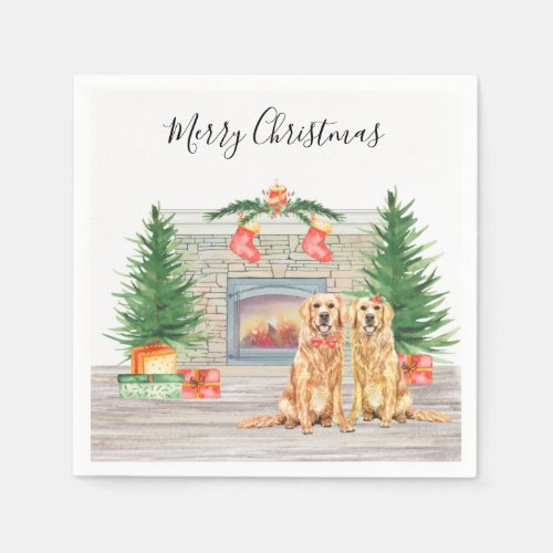 Golden Retriever Dog Christmas Holiday Fireplace Napkins
