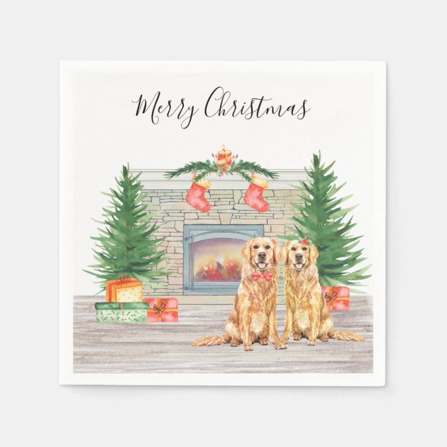 Golden Retriever Dog Christmas Holiday Fireplace Napkins (Front)