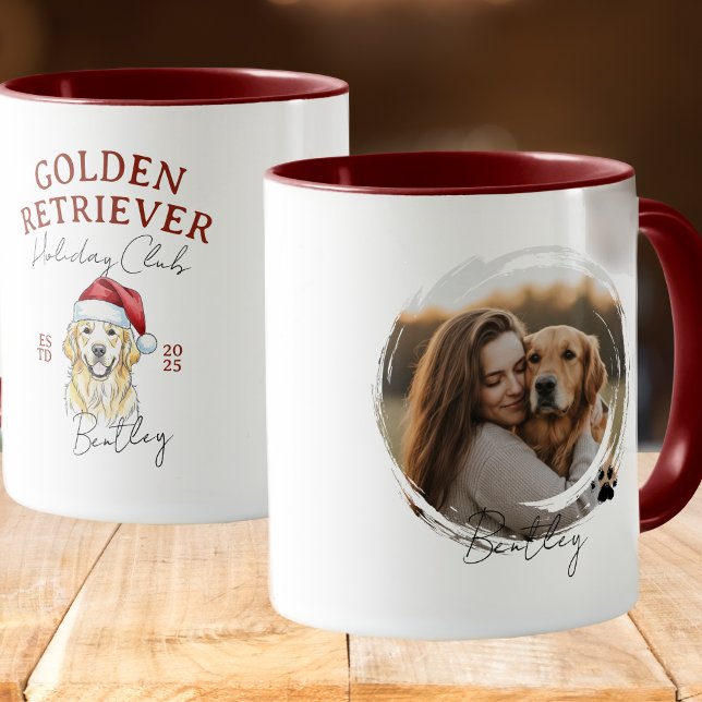 Golden Retriever Dog Christmas Illustration Photo Mug (Enhance your holiday kitchen set with this Watercolor Pet Portrait Christmas Golden Retriever Mug! )