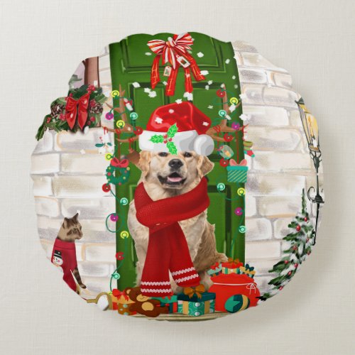 Golden Retriever Dog Christmas  Round Pillow