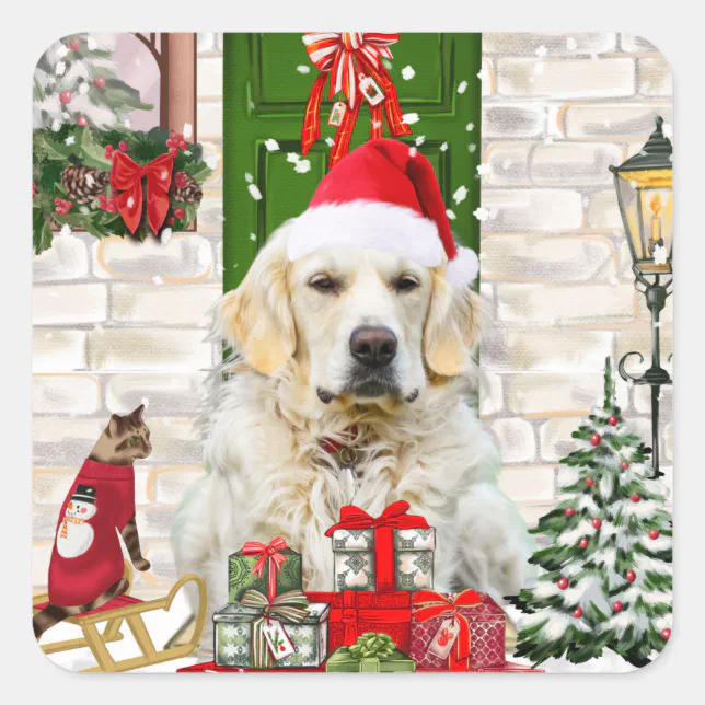 Golden Retriever Dog Christmas Square Sticker | Zazzle
