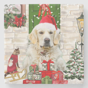 Golden Retriever Dog Christmas Stone Coaster