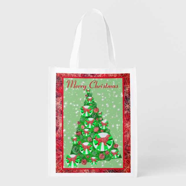 Golden Retriever Dog Christmas Tree w/ Cute Bow Ca Grocery Bag (Front)