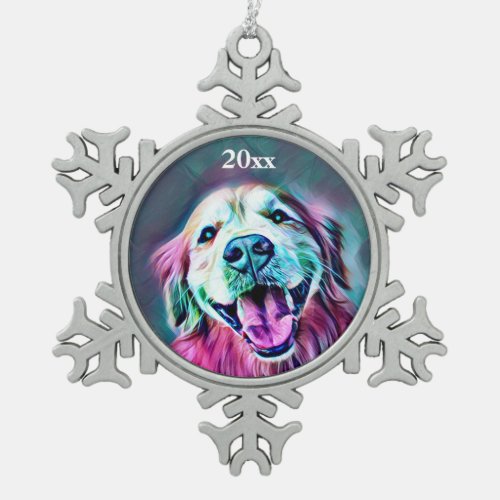 Golden Retriever Dog Custom Year Neon Colors Snowflake Pewter Christmas Ornament