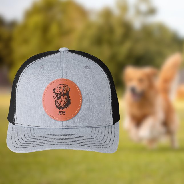 Golden Retriever Dog Drawing and Monogram Initials Leather Patch Hat (Creator Uploaded)