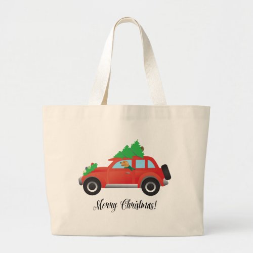 Golden Retriever Dog Driving a Car _ Tree on Top Large Tote Bag