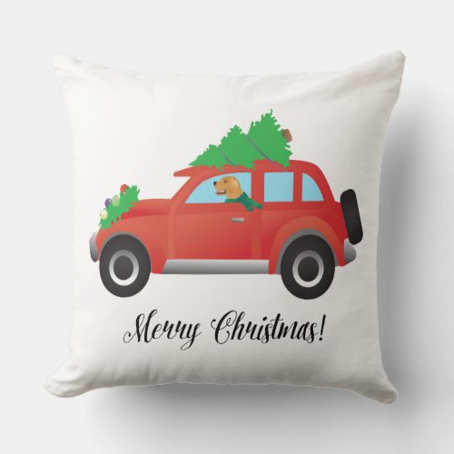 Golden Retriever Dog Driving a Car _ Tree on Top Throw Pillow