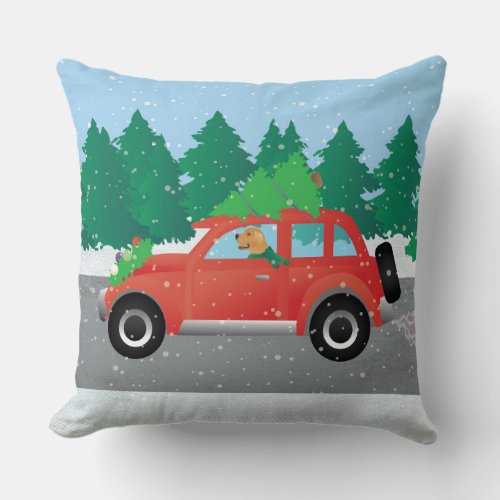 Golden Retriever Dog Driving a Car _ Tree on Top Throw Pillow