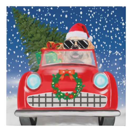 Golden Retriever Dog Driving Car In Snow Christmas Faux Canvas Print