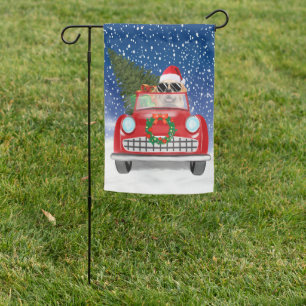 Golden Retriever Dog Driving Car In Snow Christmas Garden Flag